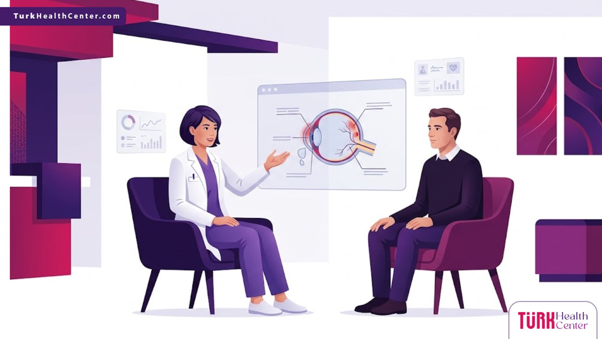 رسم توضيحي يظهر طبيب عيون يشرح مخاطر علاج جفاف العين في تركيا لمريض داخل عيادة فاخرة