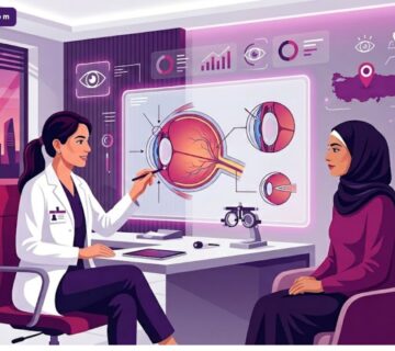 رسوم توضيحية لعيادة عيون حديثة حيث يقوم دكتور متخصص مياه زرقاء في تركيا بشرح خطة العلاج للمريض 