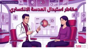 رسوم توضيحية فاخرة لطبيب يشرح مخاطر استبدال العدسة الانكساري في تركيا لمريض داخل عيادة عصرية 
