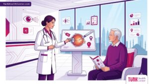 رسوم توضيحية فنية لعيادة عيون حديثة تشرح سعر عملية الفاكو في تركيا للمريض 