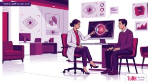 رسم توضيحي يظهر طبيب عيون يشرح تفاصيل وسعر عملية PRK في تركيا لمريض داخل عيادة حديثة فاخرة 