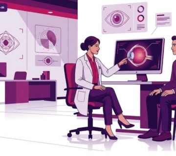 رسم توضيحي يظهر طبيب عيون يشرح تفاصيل وسعر عملية PRK في تركيا لمريض داخل عيادة حديثة فاخرة 