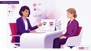 رسم توضيحي يظهر طبيب يشرح تفاصيل سعر عملية شد الجفون في تركيا للمريض داخل عيادة عصرية 