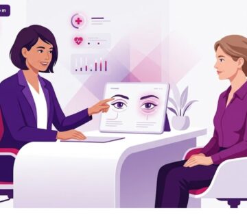 رسم توضيحي يظهر طبيب يشرح تفاصيل سعر عملية شد الجفون في تركيا للمريض داخل عيادة عصرية 