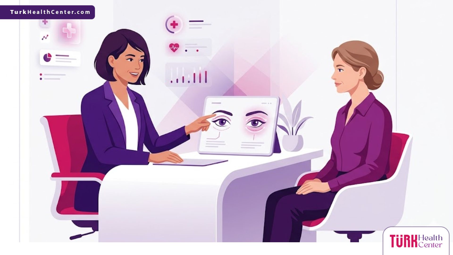 رسم توضيحي يظهر طبيب يشرح تفاصيل سعر عملية شد الجفون في تركيا للمريض داخل عيادة عصرية 