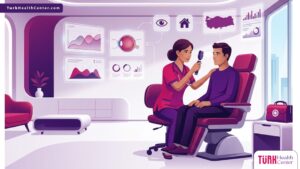 رسوم توضيحية لخدمة دكتور عيون زيارة منزلية في تركيا توضح الرعاية الطبية الفاخرة والاهتمام بالمريض 