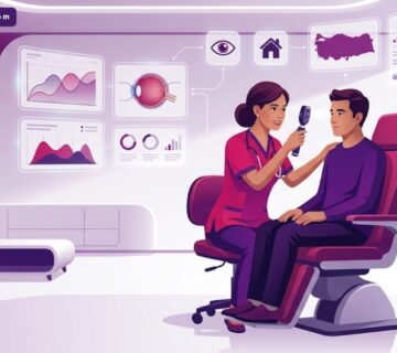 رسوم توضيحية لخدمة دكتور عيون زيارة منزلية في تركيا توضح الرعاية الطبية الفاخرة والاهتمام بالمريض 