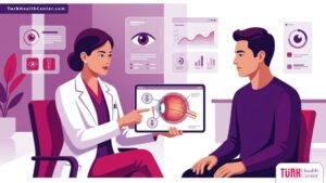 رسم توضيحي لطبيب يشرح للمريض تفاصيل وسعر سدادات مجرى الدمع في تركيا داخل عيادة عصرية 