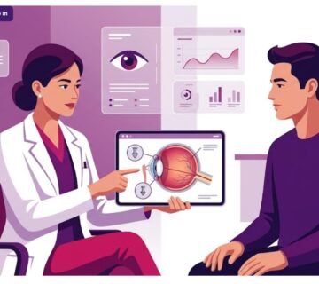 رسم توضيحي لطبيب يشرح للمريض تفاصيل وسعر سدادات مجرى الدمع في تركيا داخل عيادة عصرية 