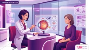 رسم توضيحي يظهر طبيب عيون يشرح للمريض تفاصيل حول سعر عملية قص السائل الزجاجي في عيادة حديثة 