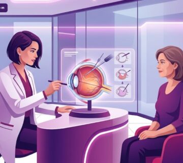 رسم توضيحي يظهر طبيب عيون يشرح للمريض تفاصيل حول سعر عملية قص السائل الزجاجي في عيادة حديثة 