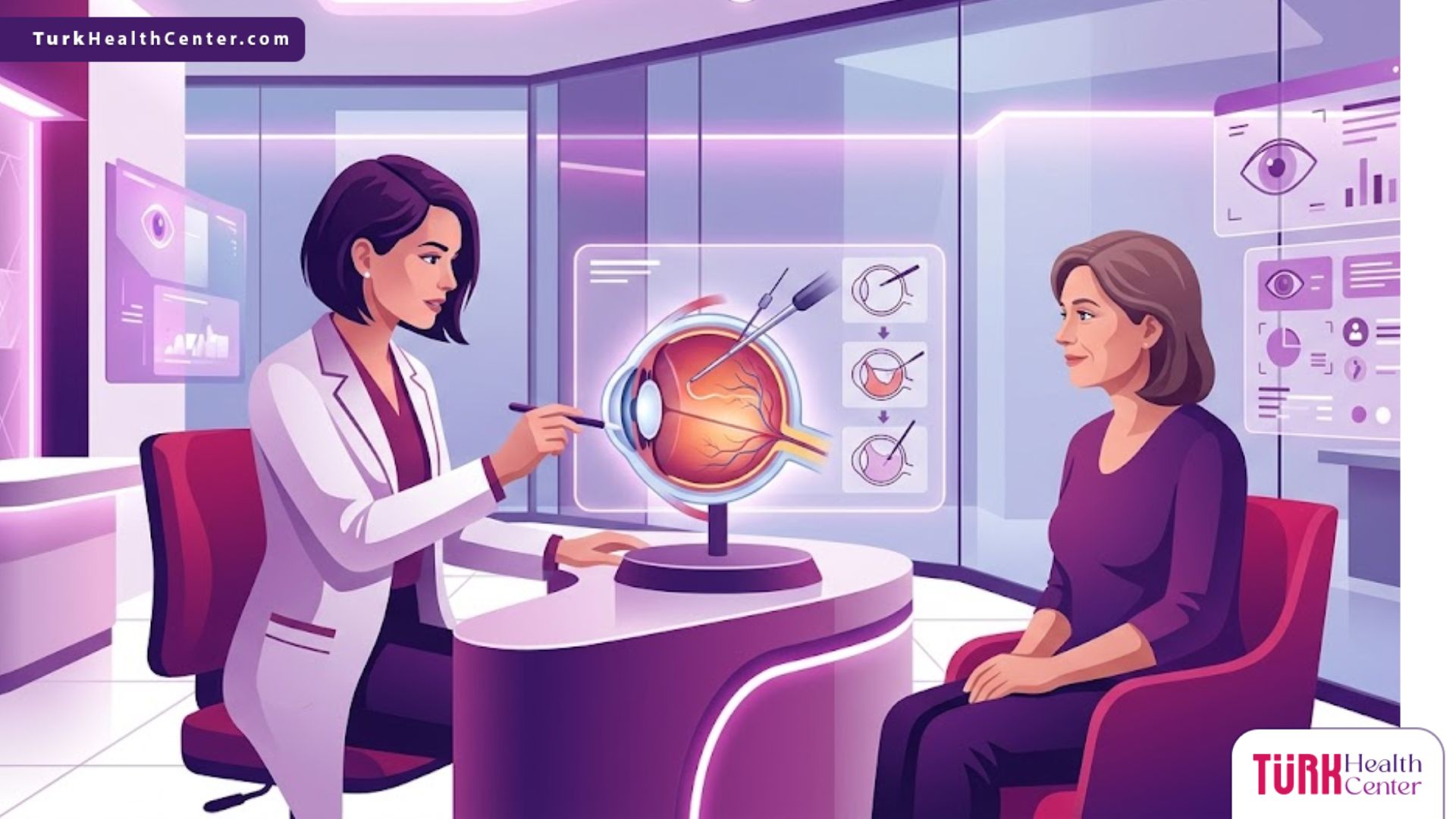 رسم توضيحي يظهر طبيب عيون يشرح للمريض تفاصيل حول سعر عملية قص السائل الزجاجي في عيادة حديثة 