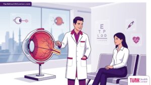 رسوم توضيحية لعيادة حديثة توضح كيفية اختيار دكتور عيون شاطر في تركيا وطرق الفحص المتقدمة 