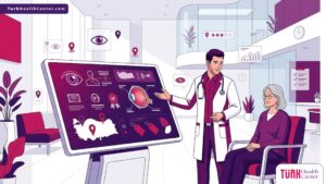 رسم توضيحي يظهر طبيب يشرح إجراءات العلاج لمريض داخل عيادة متطورة بحثاً عن دكتور عيون شاطر ورخيص في تركيا 