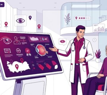 رسم توضيحي يظهر طبيب يشرح إجراءات العلاج لمريض داخل عيادة متطورة بحثاً عن دكتور عيون شاطر ورخيص في تركيا 