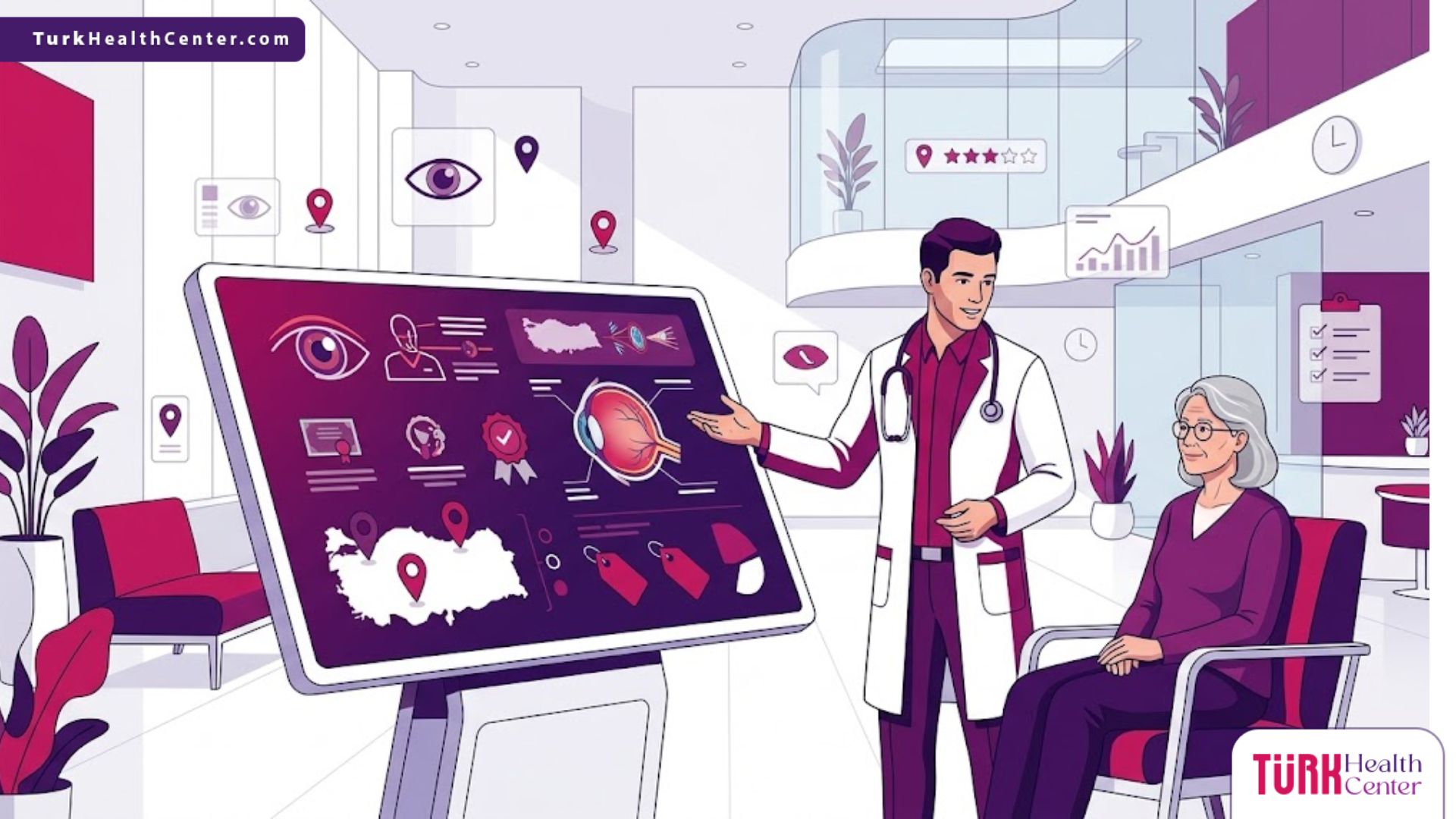 رسم توضيحي يظهر طبيب يشرح إجراءات العلاج لمريض داخل عيادة متطورة بحثاً عن دكتور عيون شاطر ورخيص في تركيا 