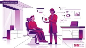 رسم توضيحي يظهر طبيب يشرح سعر عدسات ICL الأصلية في تركيا للمريض داخل عيادة عيون عصرية 