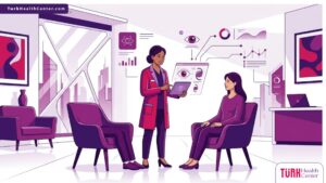 رسم توضيحي حديث يظهر طبيب يشرح تفاصيل سعر عدسة العين في تركيا لمريض داخل عيادة فاخرة 