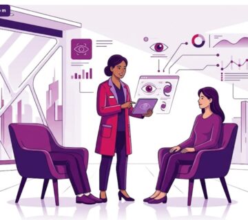 رسم توضيحي حديث يظهر طبيب يشرح تفاصيل سعر عدسة العين في تركيا لمريض داخل عيادة فاخرة 