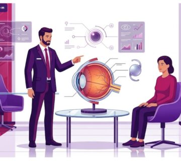 رسم توضيحي يظهر طبيب يشرح للمريض تفاصيل سعر عدسة ألكون (Alcon) داخل عيادة حديثة 