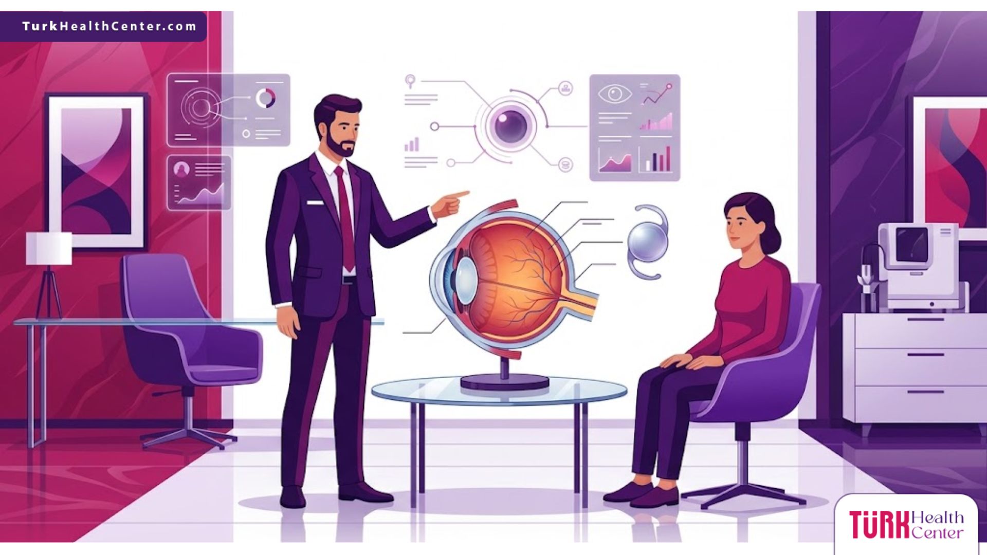 رسم توضيحي يظهر طبيب يشرح للمريض تفاصيل سعر عدسة ألكون (Alcon) داخل عيادة حديثة 