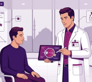 رسم توضيحي لطبيب يشرح عملية زراعة العدسات لمريض داخل عيادة عيون متطورة مع دكتور متخصص زراعة عدسات في تركيا 