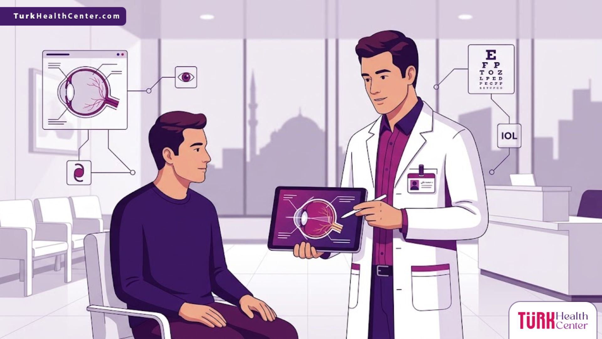 رسم توضيحي لطبيب يشرح عملية زراعة العدسات لمريض داخل عيادة عيون متطورة مع دكتور متخصص زراعة عدسات في تركيا 