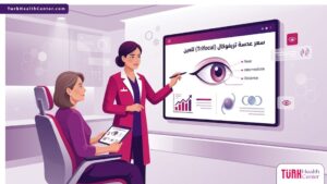 رسم توضيحي لطبيب يشرح سعر عدسة تريفوكال (Trifocal) للعين لمريض داخل عيادة عيون حديثة في تركيا 