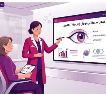 رسم توضيحي لطبيب يشرح سعر عدسة تريفوكال (Trifocal) للعين لمريض داخل عيادة عيون حديثة في تركيا 