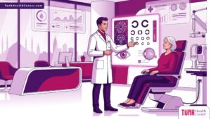 رسوم توضيحية عصرية لطبيب يشرح طرق العلاج في عيادة دكتور متخصص شبكية وسكري في تركيا بألوان متناسقة 