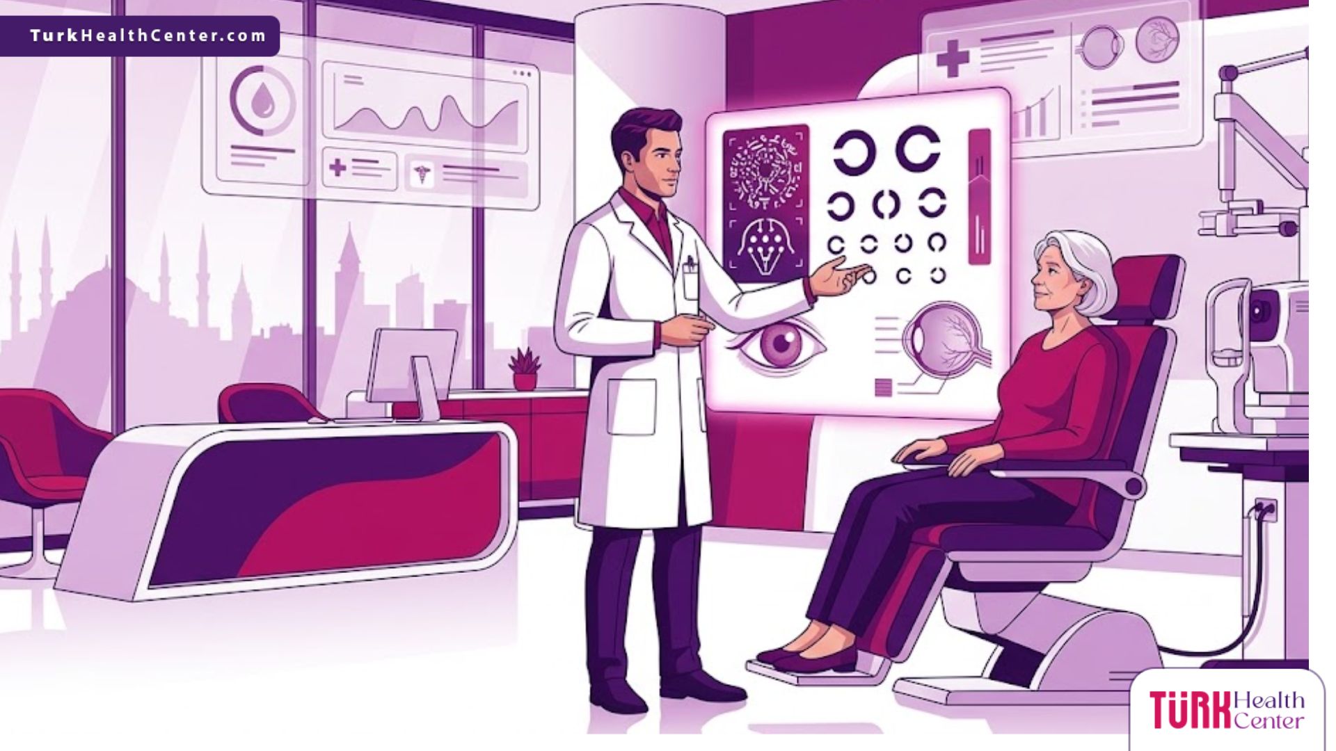 رسوم توضيحية عصرية لطبيب يشرح طرق العلاج في عيادة دكتور متخصص شبكية وسكري في تركيا بألوان متناسقة