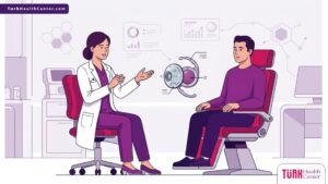 رسوم توضيحية حديثة لطبيب يشرح سعر عدسة زايس (Zeiss) للمياه البيضاء لمريض في عيادة فاخرة 