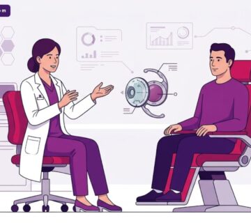 رسوم توضيحية حديثة لطبيب يشرح سعر عدسة زايس (Zeiss) للمياه البيضاء لمريض في عيادة فاخرة 