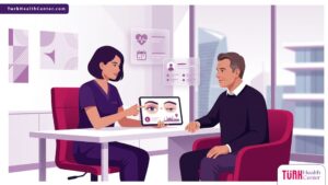 رسم توضيحي يظهر طبيب يشرح تفاصيل تتعلق بـ سعر عملية ارتخاء الجفن في تركيا داخل عيادة فاخرة 