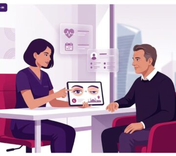 رسم توضيحي يظهر طبيب يشرح تفاصيل تتعلق بـ سعر عملية ارتخاء الجفن في تركيا داخل عيادة فاخرة 