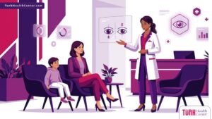 رسوم توضيحية لعيادة عيون حديثة تشرح سعر عملية الحول للأطفال في تركيا بشكل مبسط 