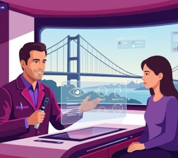 رسم توضيحي حديث لعيادة عيون فاخرة توضح الخدمات المقدمة في مركز ليزك في إسطنبول مع طبيب يشرح الإجراء لمريض 