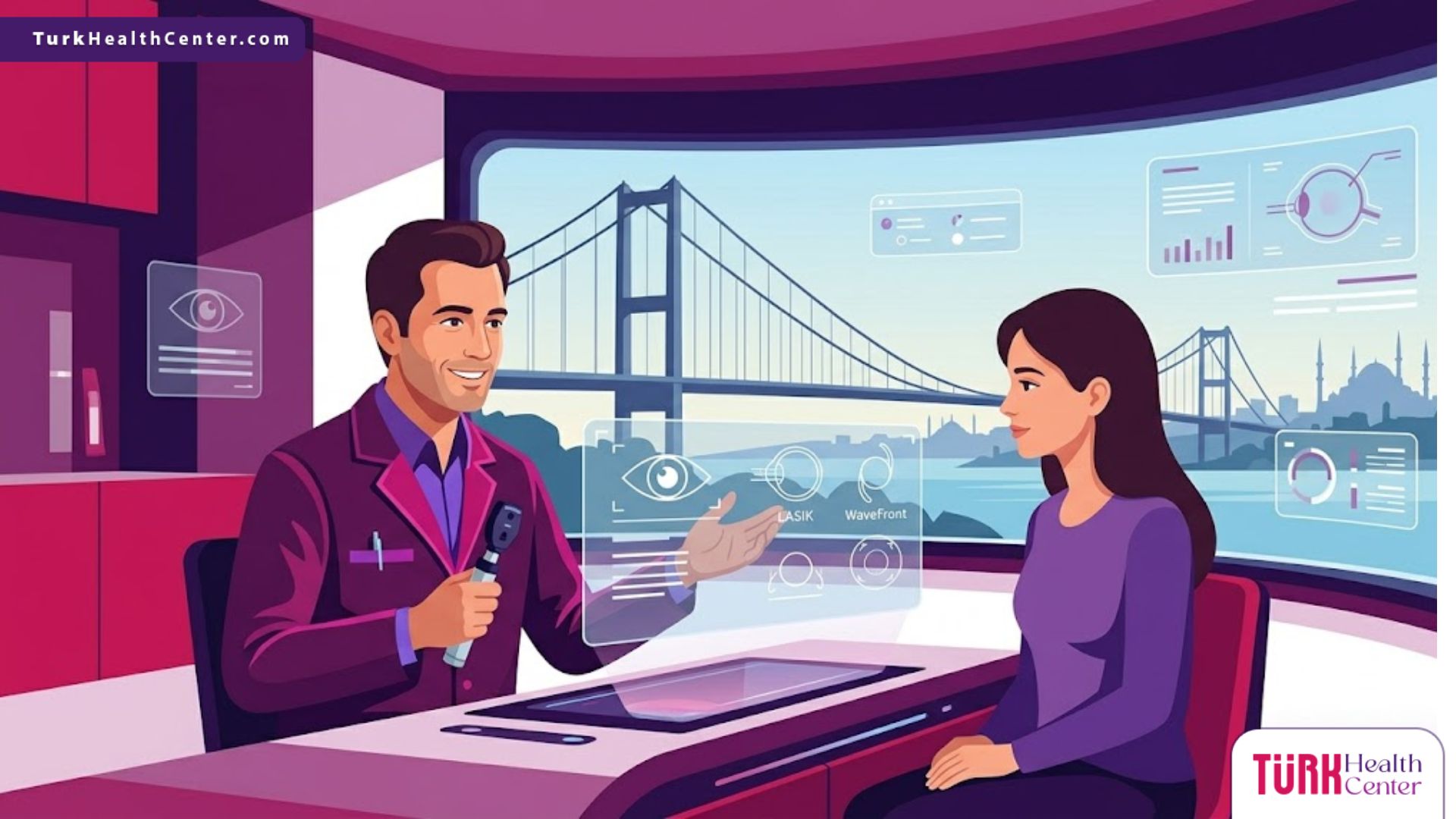 رسم توضيحي حديث لعيادة عيون فاخرة توضح الخدمات المقدمة في مركز ليزك في إسطنبول مع طبيب يشرح الإجراء لمريض