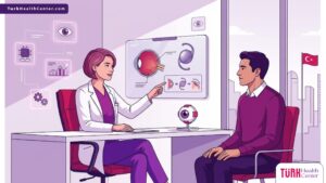 رسم توضيحي عصري يوضح استشارة طبية حول زراعة العدسات الأمريكية في تركيا داخل عيادة فاخرة 