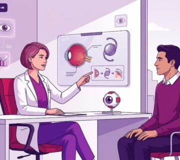 رسم توضيحي عصري يوضح استشارة طبية حول زراعة العدسات الأمريكية في تركيا داخل عيادة فاخرة 