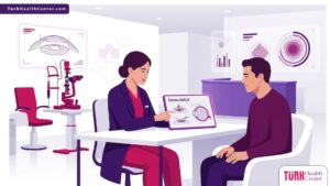 رسم توضيحي حديث يظهر طبيب عيون يشرح تفاصيل سعر عملية الفيمتو سمايل في تركيا لمريض في عيادة فاخرة 
