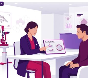 رسم توضيحي حديث يظهر طبيب عيون يشرح تفاصيل سعر عملية الفيمتو سمايل في تركيا لمريض في عيادة فاخرة 