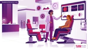 رسم توضيحي يظهر طبيب عيون يشرح للمريض تفاصيل سعر فحص قاع العين في تركيا داخل عيادة فاخرة 