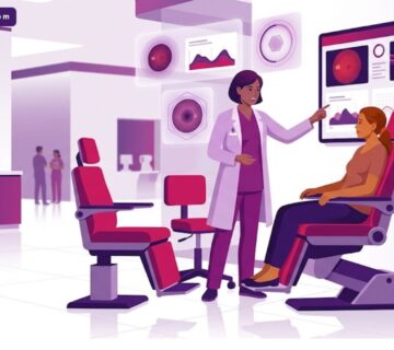 رسم توضيحي يظهر طبيب عيون يشرح للمريض تفاصيل سعر فحص قاع العين في تركيا داخل عيادة فاخرة 