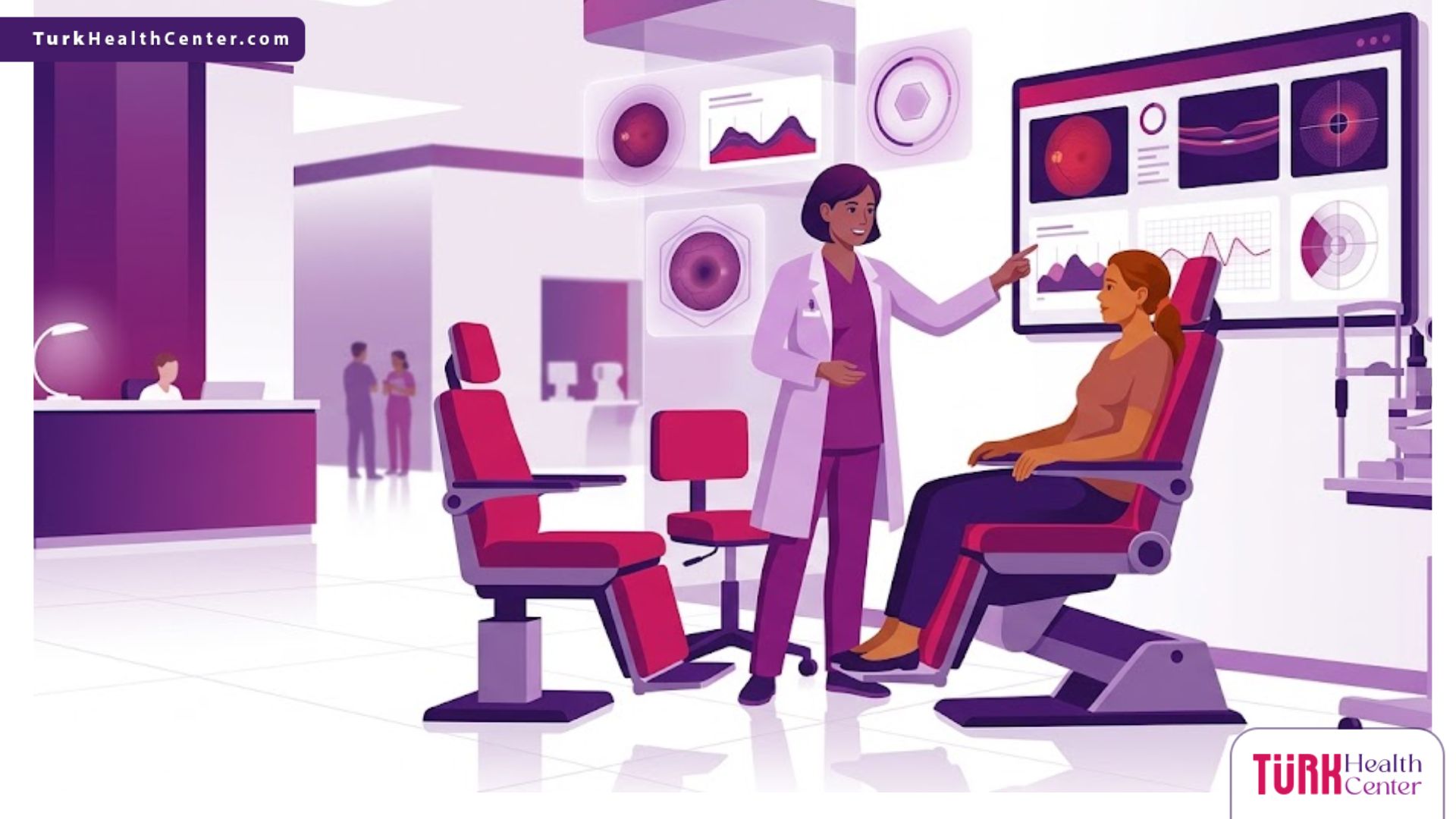 رسم توضيحي يظهر طبيب عيون يشرح للمريض تفاصيل سعر فحص قاع العين في تركيا داخل عيادة فاخرة 