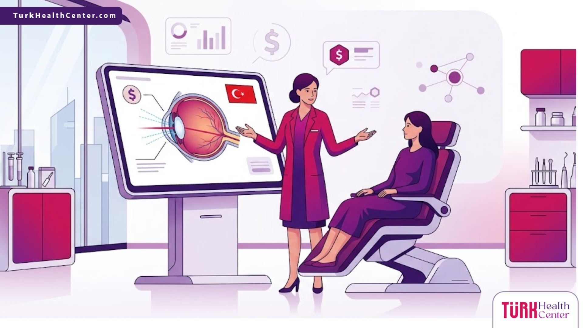 رسم توضيحي يظهر طبيب عيون يشرح تفاصيل وسعر عملية كشط القرنية بالليزر في تركيا لمريض في عيادة حديثة 