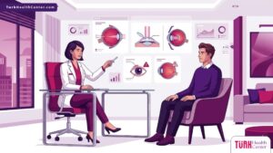 رسم توضيحي يظهر طبيب يشرح مخاطر علاج قصر النظر Myopia في تركيا لمريض داخل عيادة عيون حديثة وفاخرة 