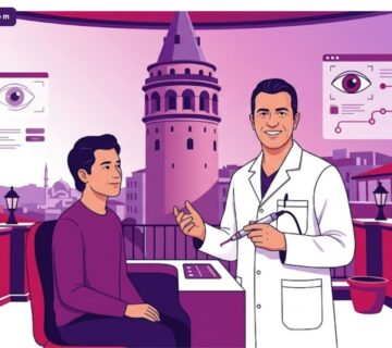 رسوم توضيحية لعيادة عيون فخمة توضح خدمات مركز ليزك متطور في تركيا مع طبيب يشرح الإجراء للمريض 