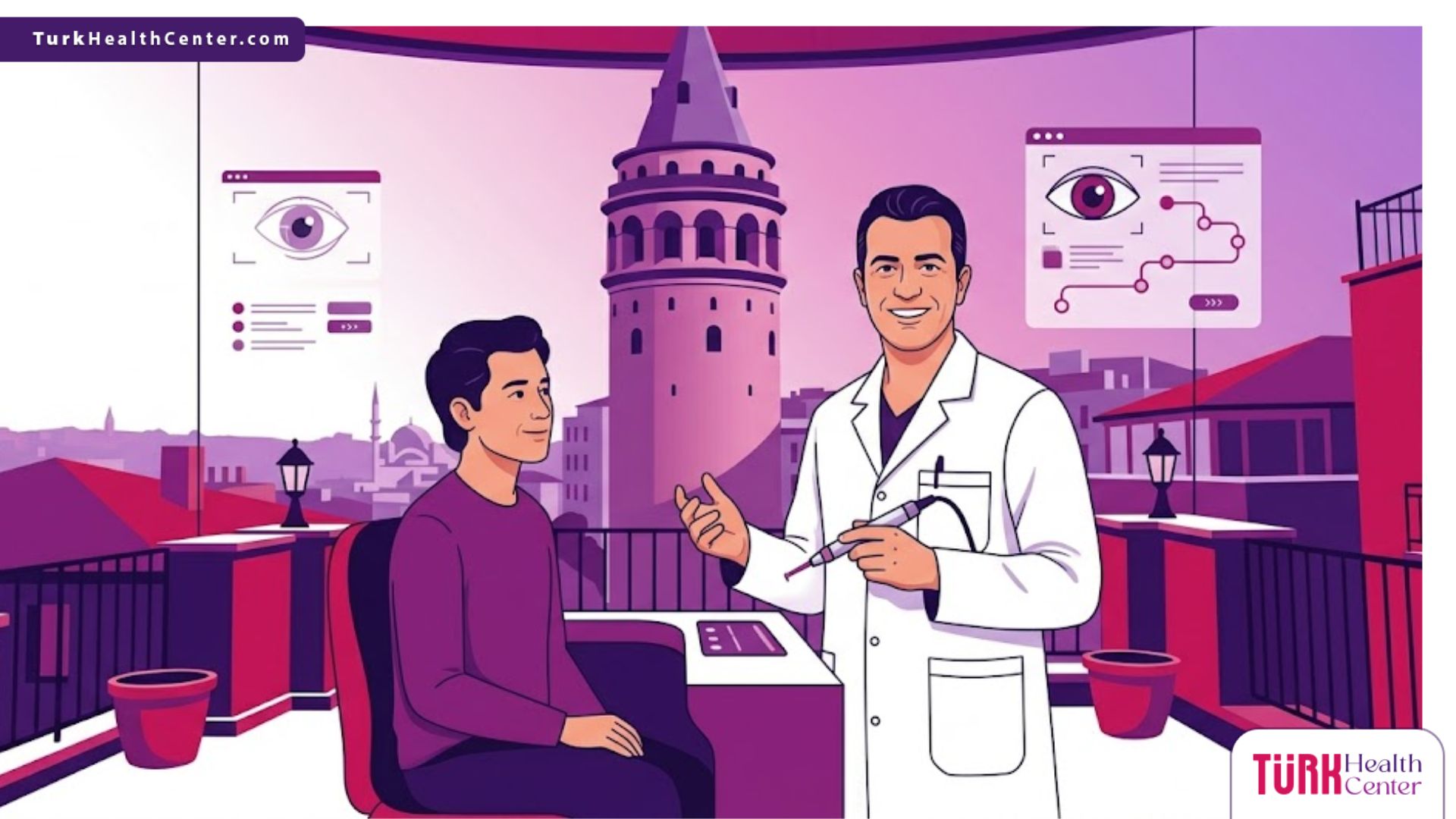 رسوم توضيحية لعيادة عيون فخمة توضح خدمات مركز ليزك متطور في تركيا مع طبيب يشرح الإجراء للمريض 