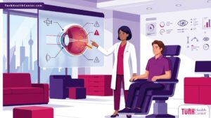 رسم توضيحي يظهر طبيب عيون يشرح سبل الوقاية من مخاطر تصحيح تحدب القرنية في تركيا للمريض داخل عيادة حديثة 